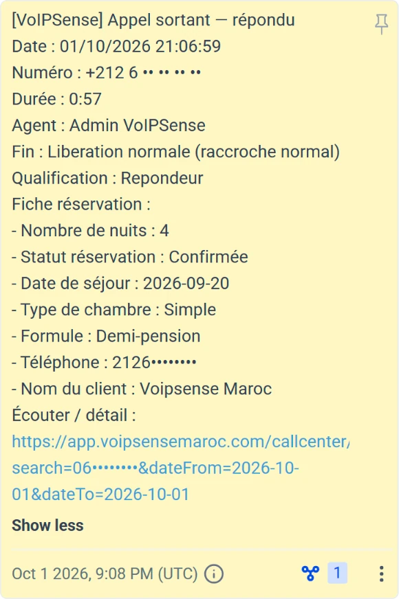 Note GoHighLevel : appel sortant répondu, durée, agent, qualification Répondeur et fiche réservation