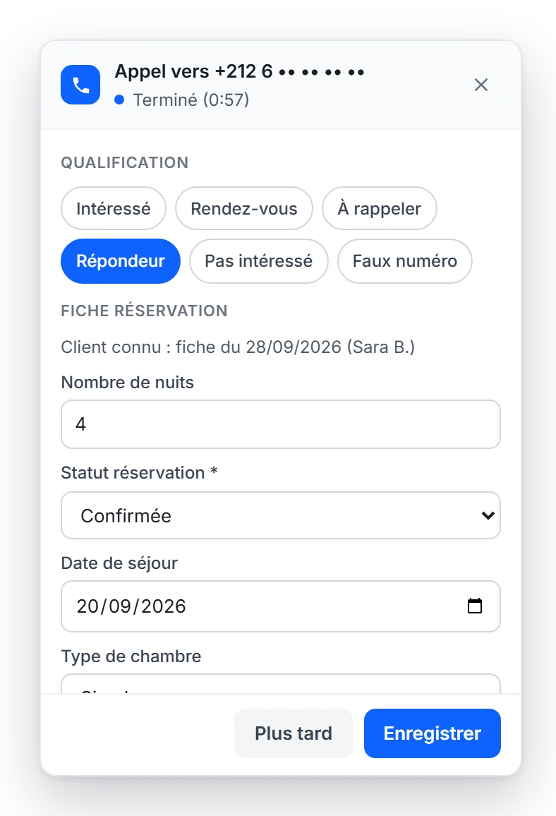 Panneau VoIPSense sur la page GoHighLevel : qualification Répondeur et fiche réservation pré-remplie
