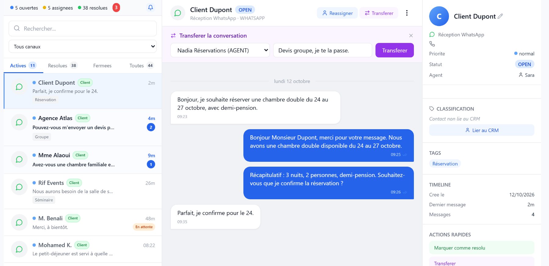 Inbox VoIPSense Cloud : liste des conversations WhatsApp, fil d'un client et transfert de la conversation à une collègue avec une note
